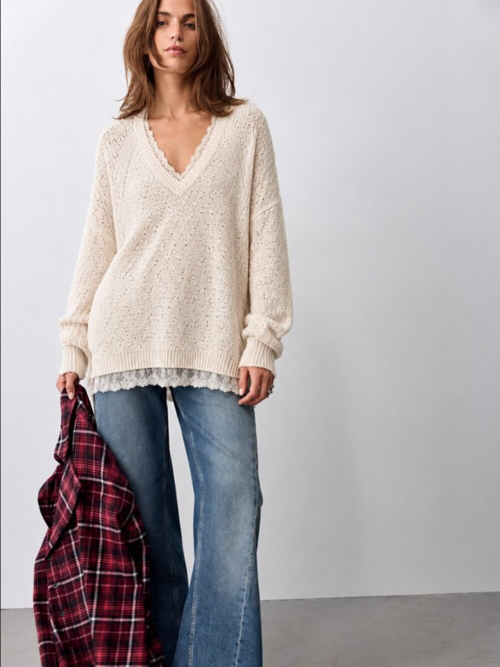 ANTHROPOLOGIE KNITTED & KNOTTED LACE TRIM LONG V-NECK SWEATER